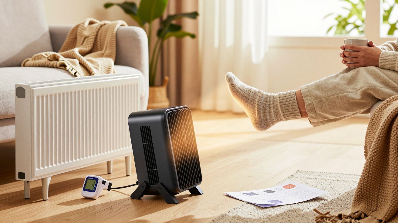 Pessoa aquecida por aquecedor elétrico, segurando uma caneca, pés com meias, casa aconchegante com plantas e luz natural.