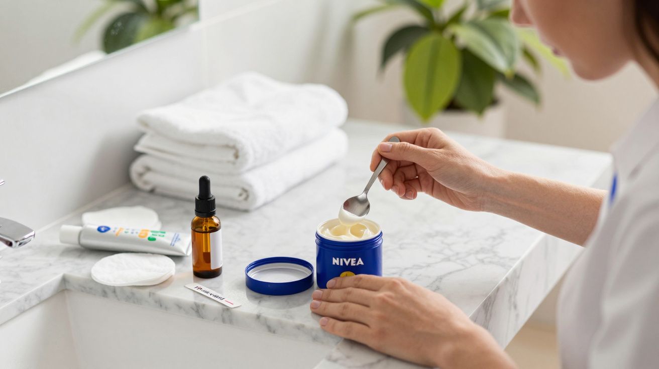 Pessoa usando espátula para retirar creme de uma lata azul de Nivea sobre balcão de casa de banho.