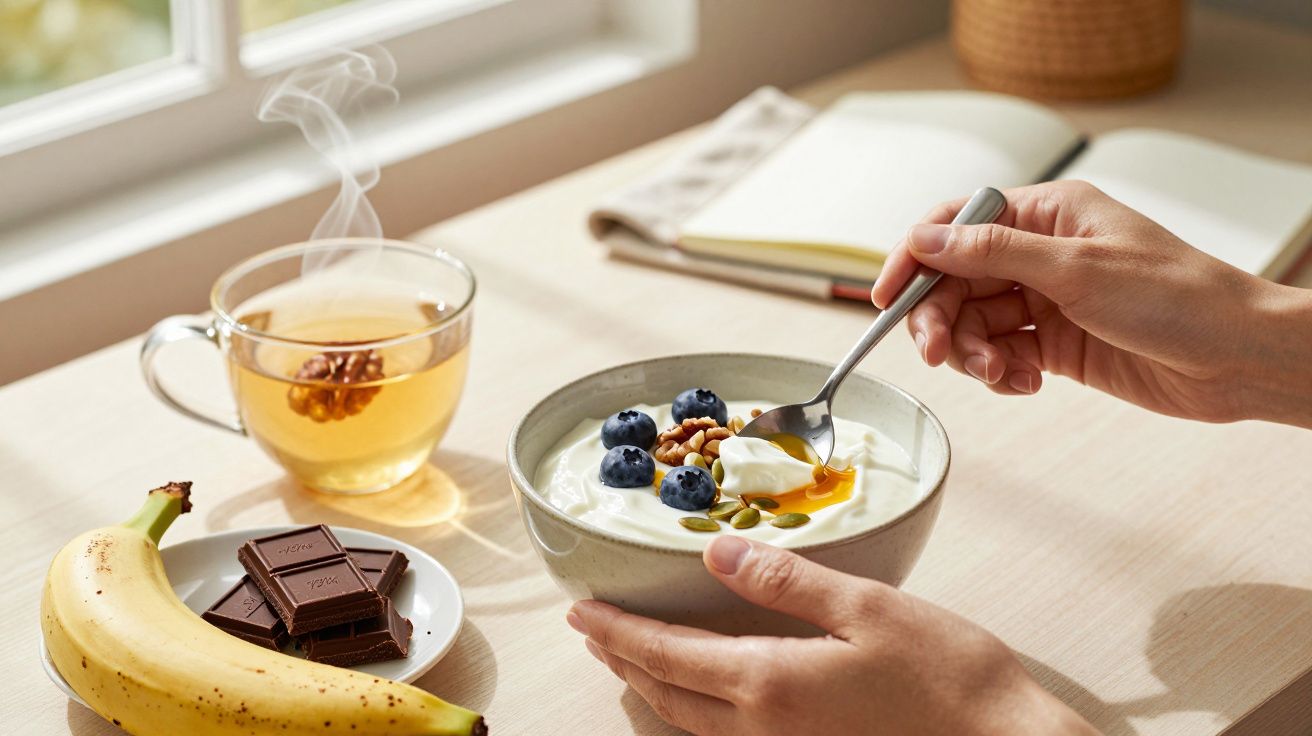 Pessoa segurando colher em tigela de iogurte com mirtilos; chá, banana e chocolate ao lado.