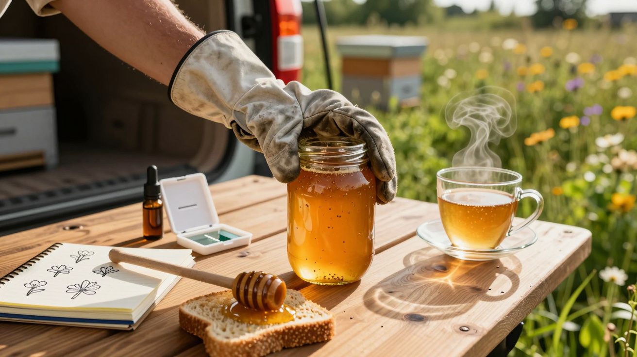 Pessoa com luva segura frasco de mel ao lado de chá fumegante, pão com mel e caderno, numa mesa ao ar livre.