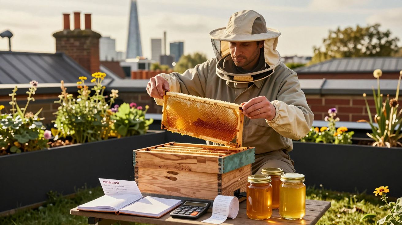 Apicultor colhe mel em colmeia num telhado com plantas e vista urbana ao fundo. Frascos de mel e caderno sobre a mesa.