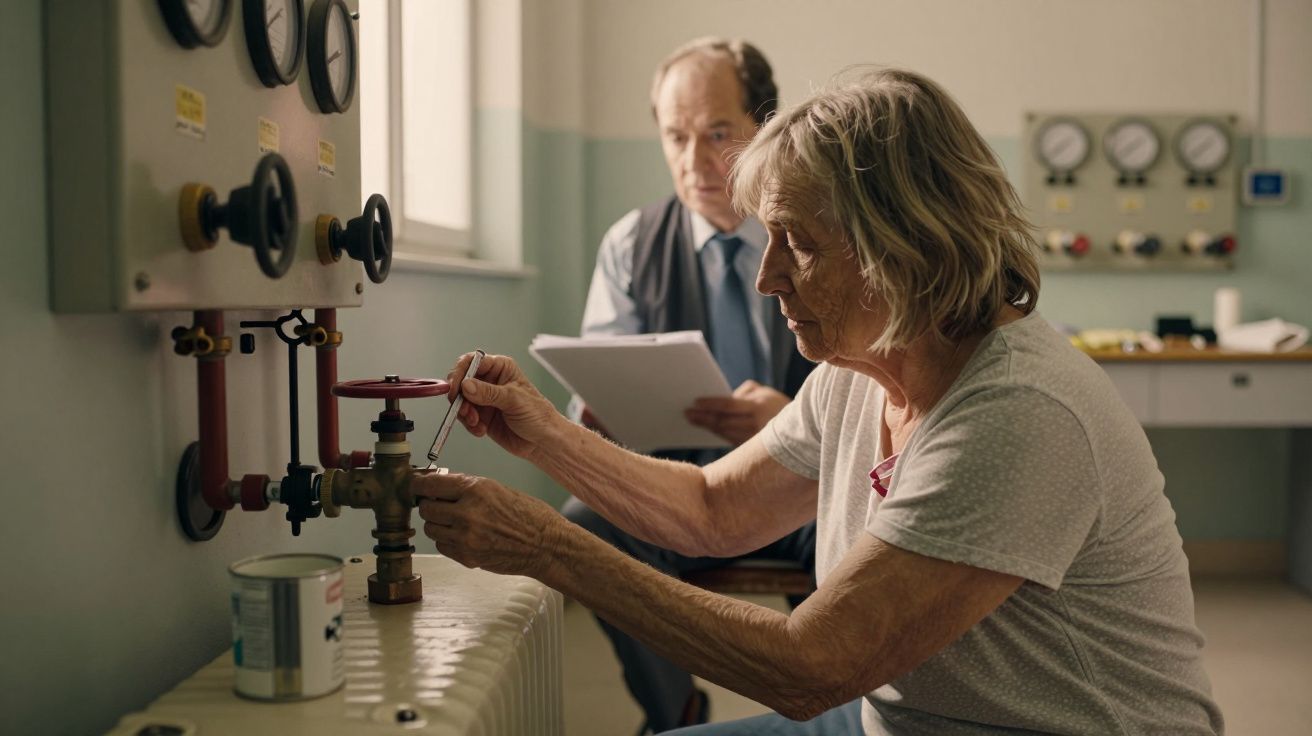 Mulher ajusta válvula de aquecimento enquanto homem anota ao fundo numa sala com equipamento técnico.