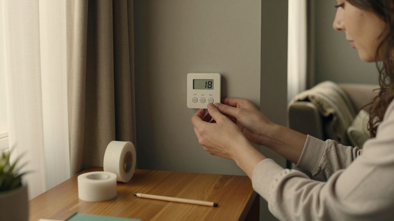 Mulher ajusta termóstato na parede, temperatura a 18°C, ao lado de uma janela com cortina e uma mesa com papel e lápis.