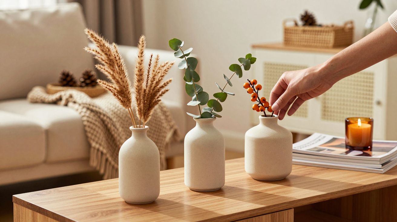 Três vasos cerâmicos com flores secas em mesa de madeira, mão ajustando ramo, sofá e vela ao fundo.