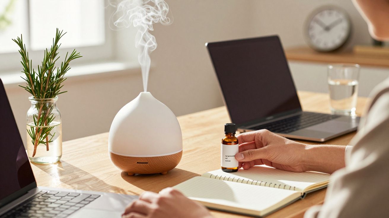 Pessoa trabalha numa mesa com portátil, difusor de aroma a vapor e caderno, em ambiente iluminado e acolhedor.