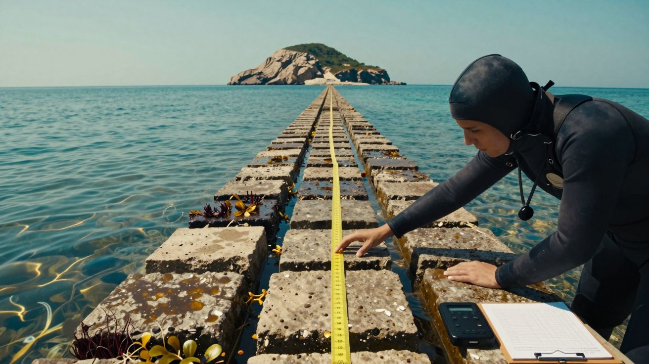 Mergulhador mede quebra-mar com fita métrica amarela, rodeado por água clara, com uma ilha ao fundo.