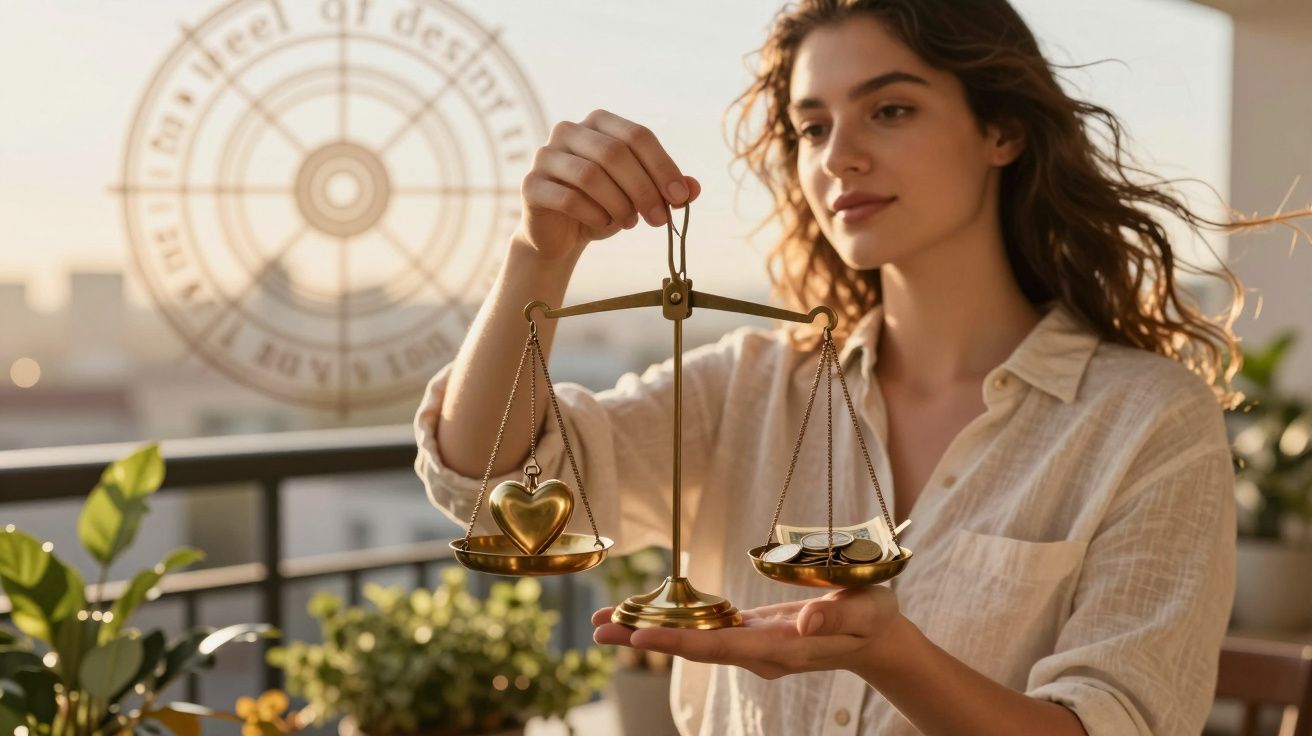 Mulher segura balança com coração de um lado e moedas do outro em varanda com plantas.