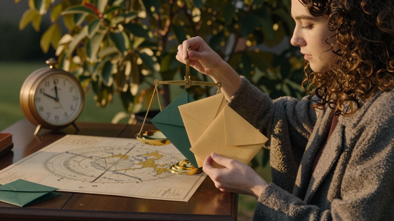 Mulher segura envelopes junto a uma balança antiga, relógio e mapa astronómico sobre uma mesa de madeira.