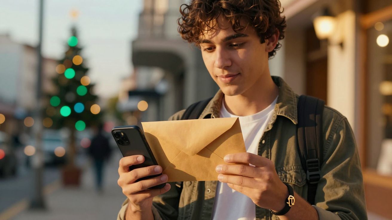 Jovem com um envelope e um telemóvel na rua, à frente de uma árvore de Natal desfocada.