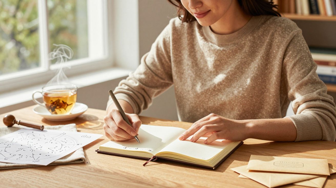 Mulher a escrever num caderno numa mesa de madeira, com chá e papéis ao lado.