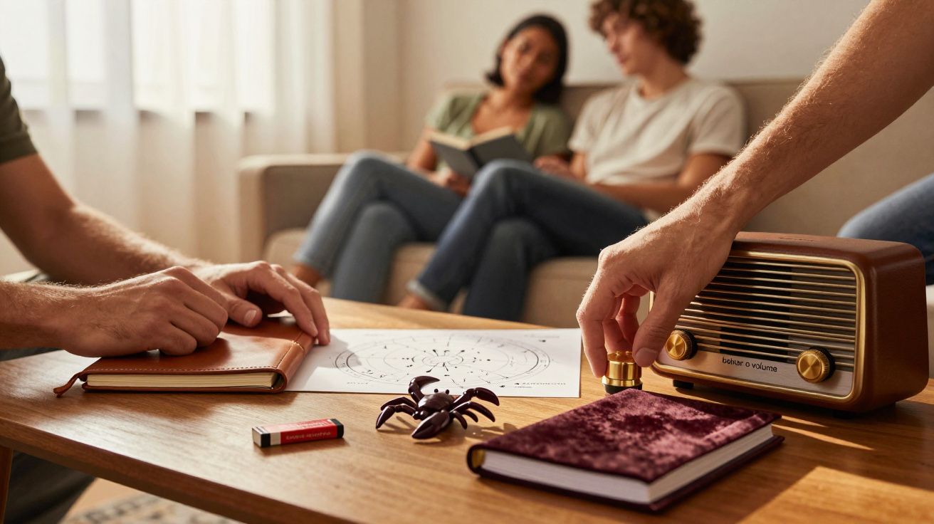Mesa com rádio vintage, aranha de brinquedo e caderno; ao fundo, duas pessoas relaxam no sofá a ler.