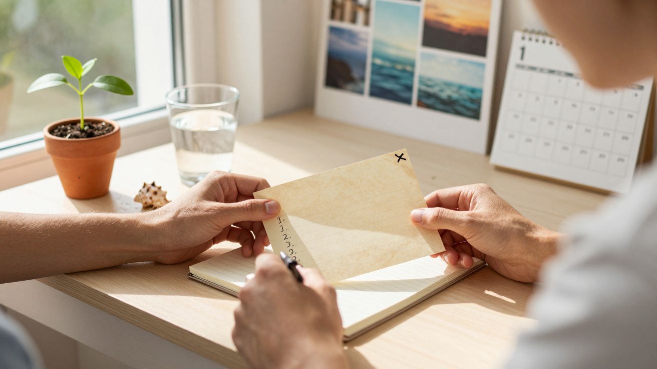 Pessoa a escrever numa lista de afazeres numa mesa com planta, copo de água e fotografias ao lado.