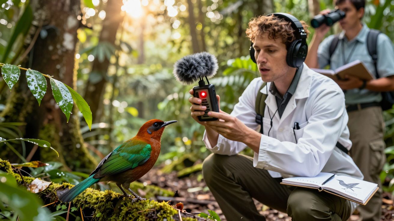Pesquisador grava som de pássaro colorido na floresta tropical, usando gravador com microfone e auscultadores.