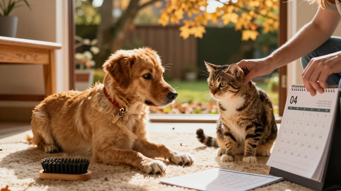 Cão e gato num tapete junto a uma escova, com calendário e mão a acariciar o gato. As folhas de outono visíveis ao fundo.