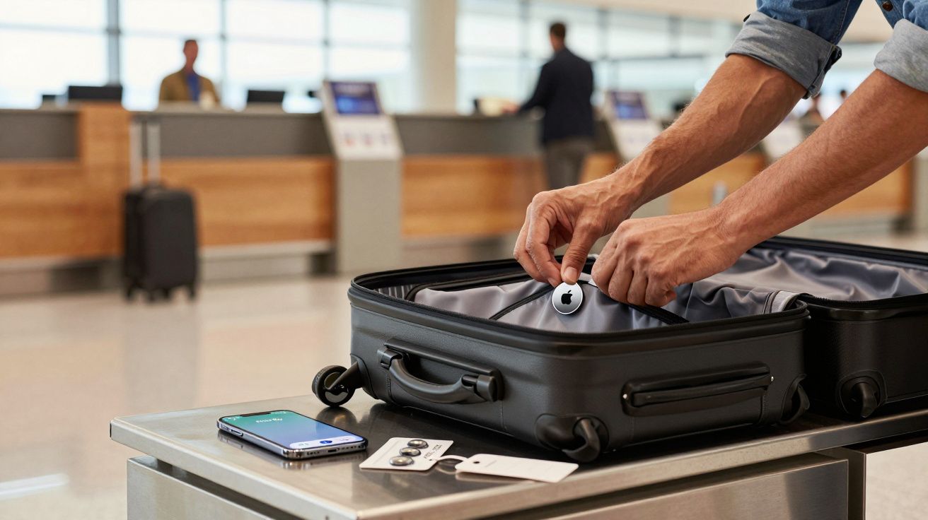 Pessoa coloca dispositivo de localização em mala aberta num aeroporto. Smartphone e caixa ao lado.