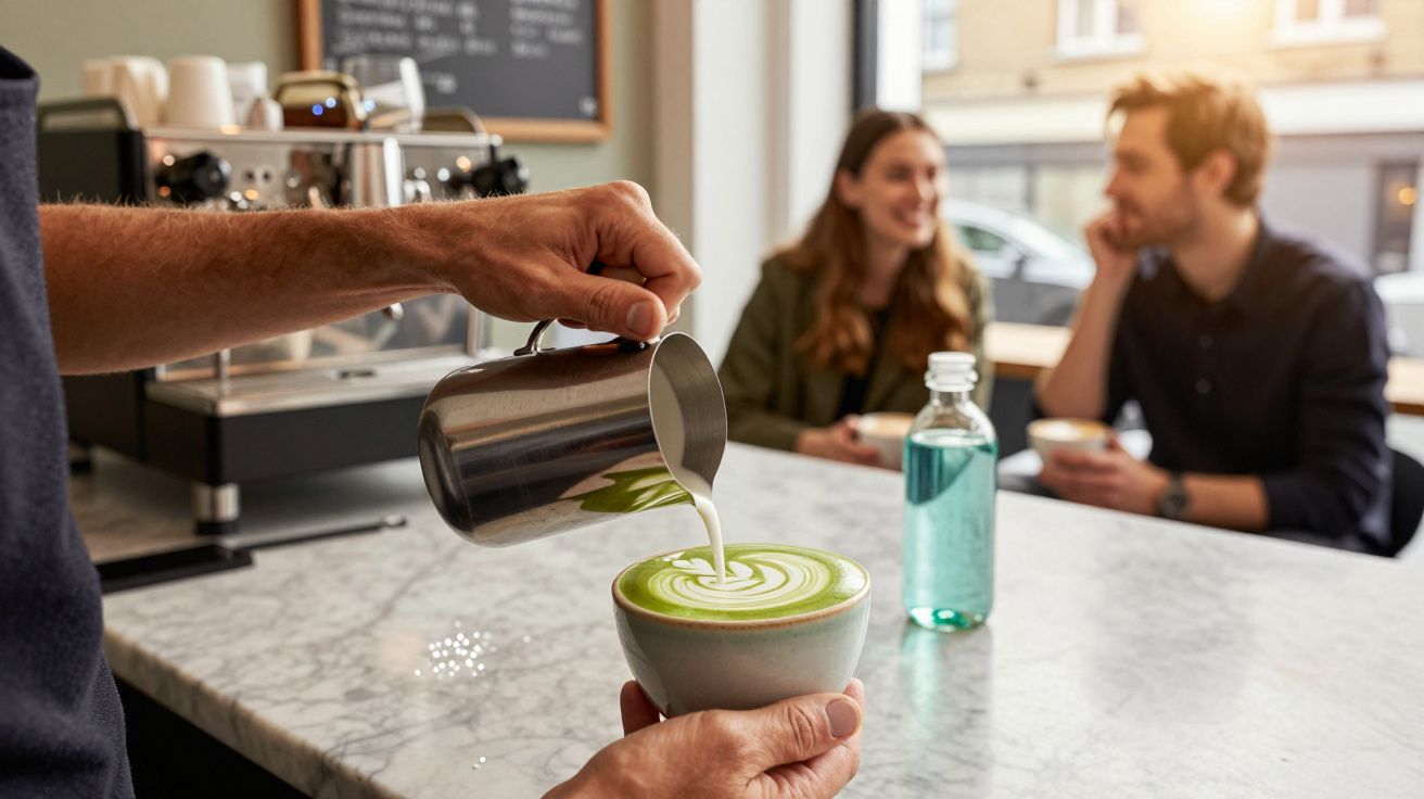 Barista a verter leite numa chávena de matcha num café, com um casal a conversar ao fundo.