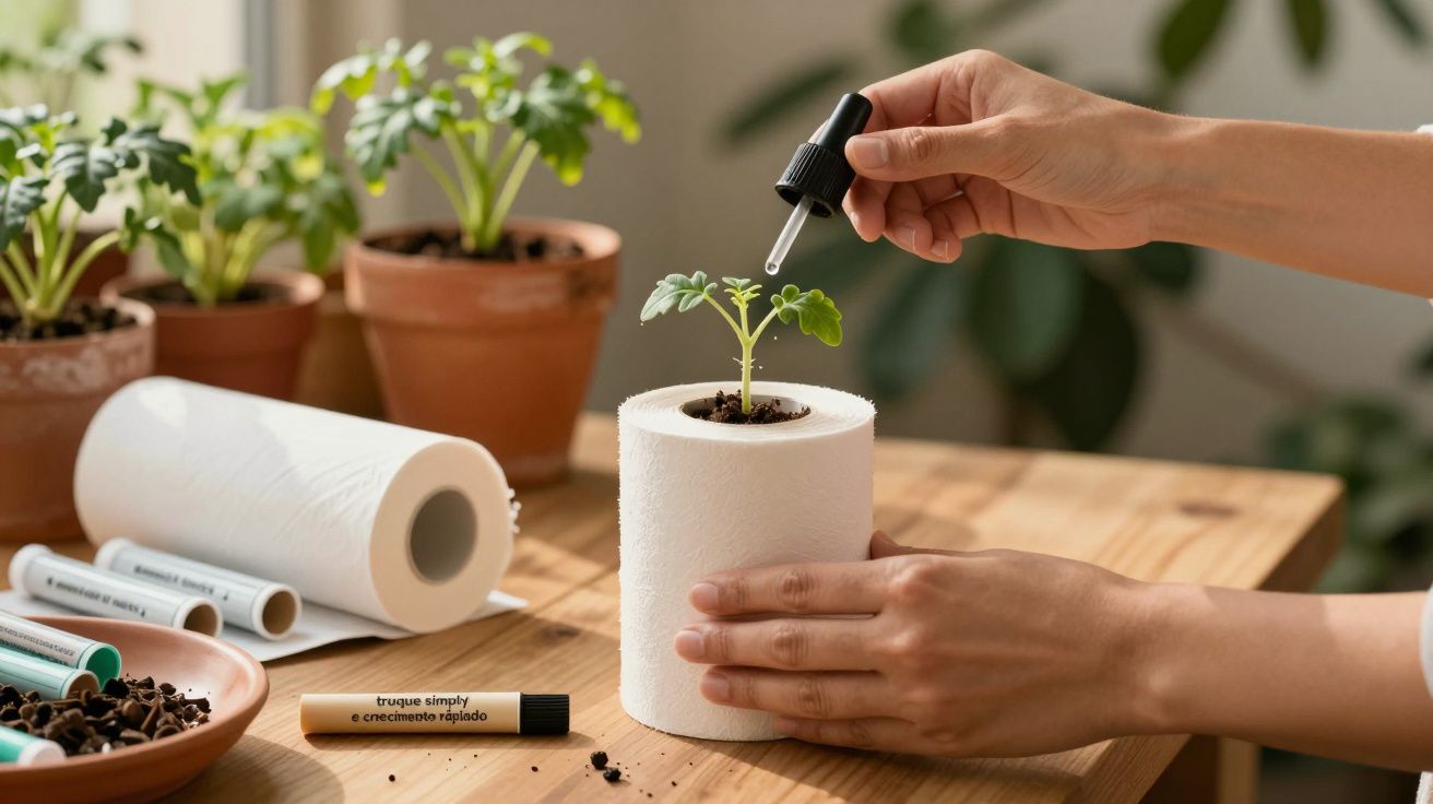 Mãos usando pipeta para regar muda em vaso de papel, rodeada por outras plantas e material de jardinagem numa mesa de madeira