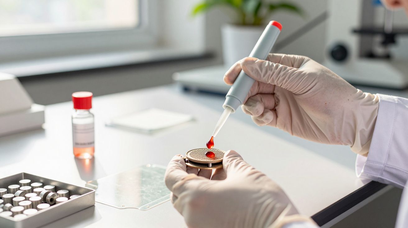 Mãos enluvadas adicionam gota de líquido vermelho num dispositivo, numa bancada de laboratório.