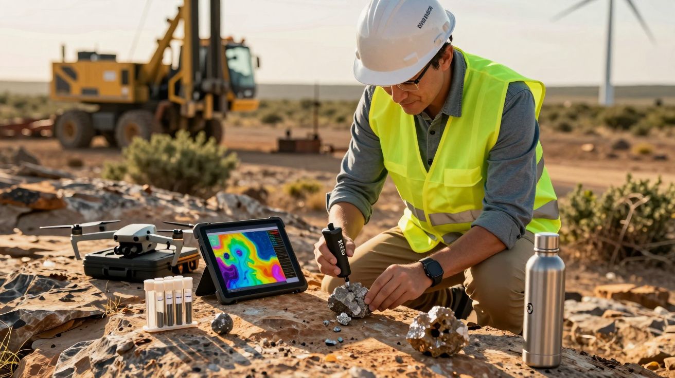 Homem com colete e capacete analisa rochas com tablet e ferramentas em local remoto. Há um drone e uma máquina ao fundo.