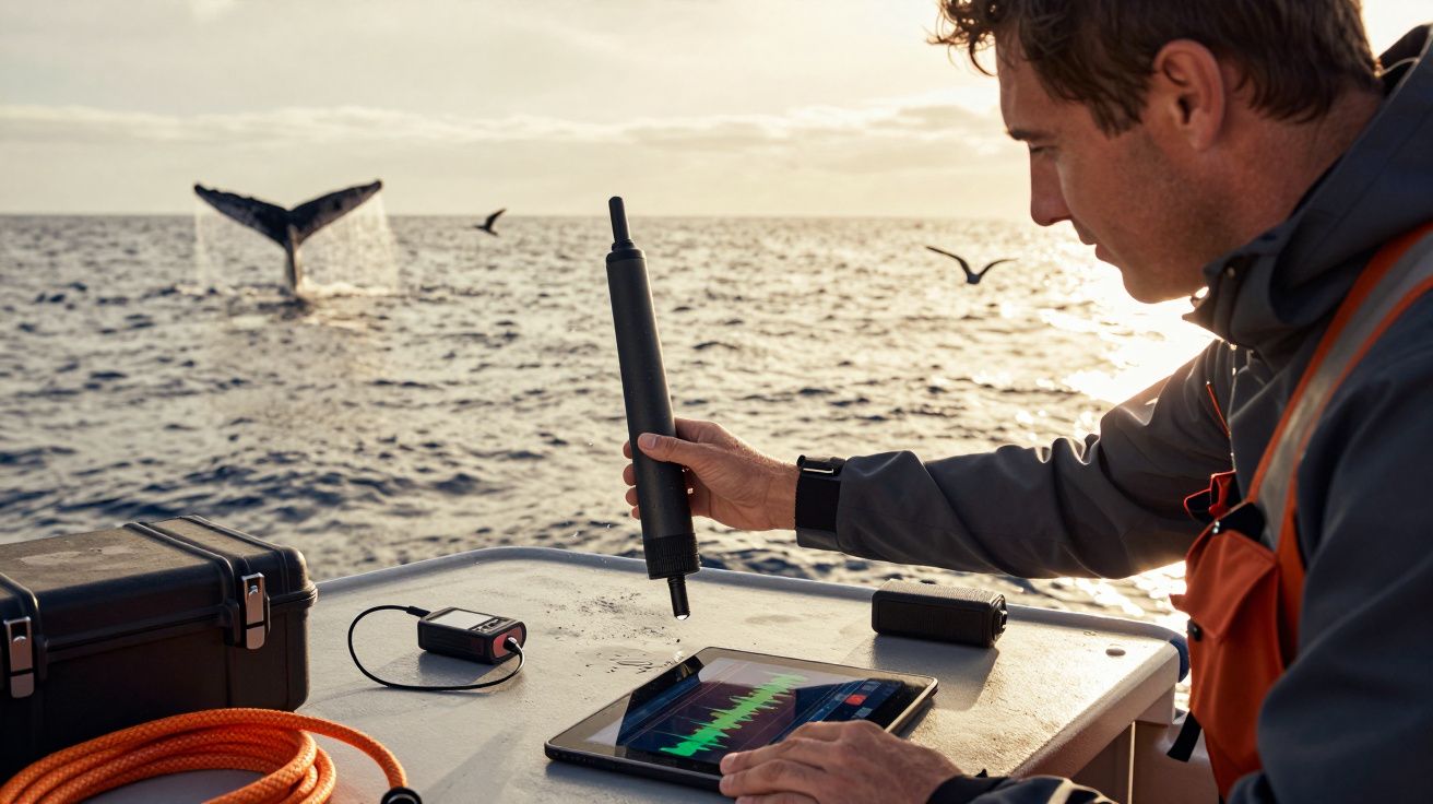 Homem em barco analisa dados num tablet, enquanto baleia emerge ao fundo no mar, ao pôr do sol.