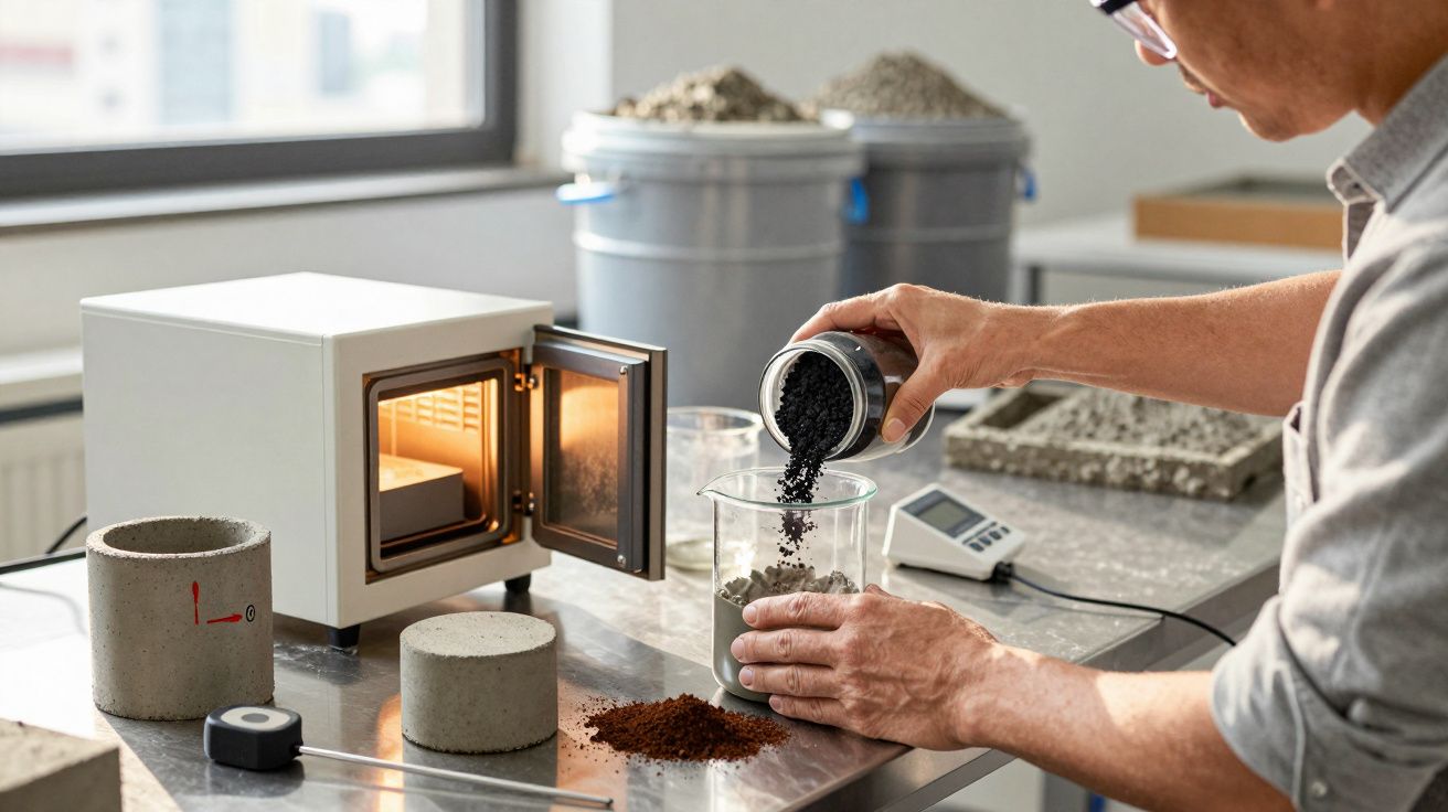 Homem mistura amostras de solo em laboratório, com equipamento de análise e micro-ondas ao fundo.