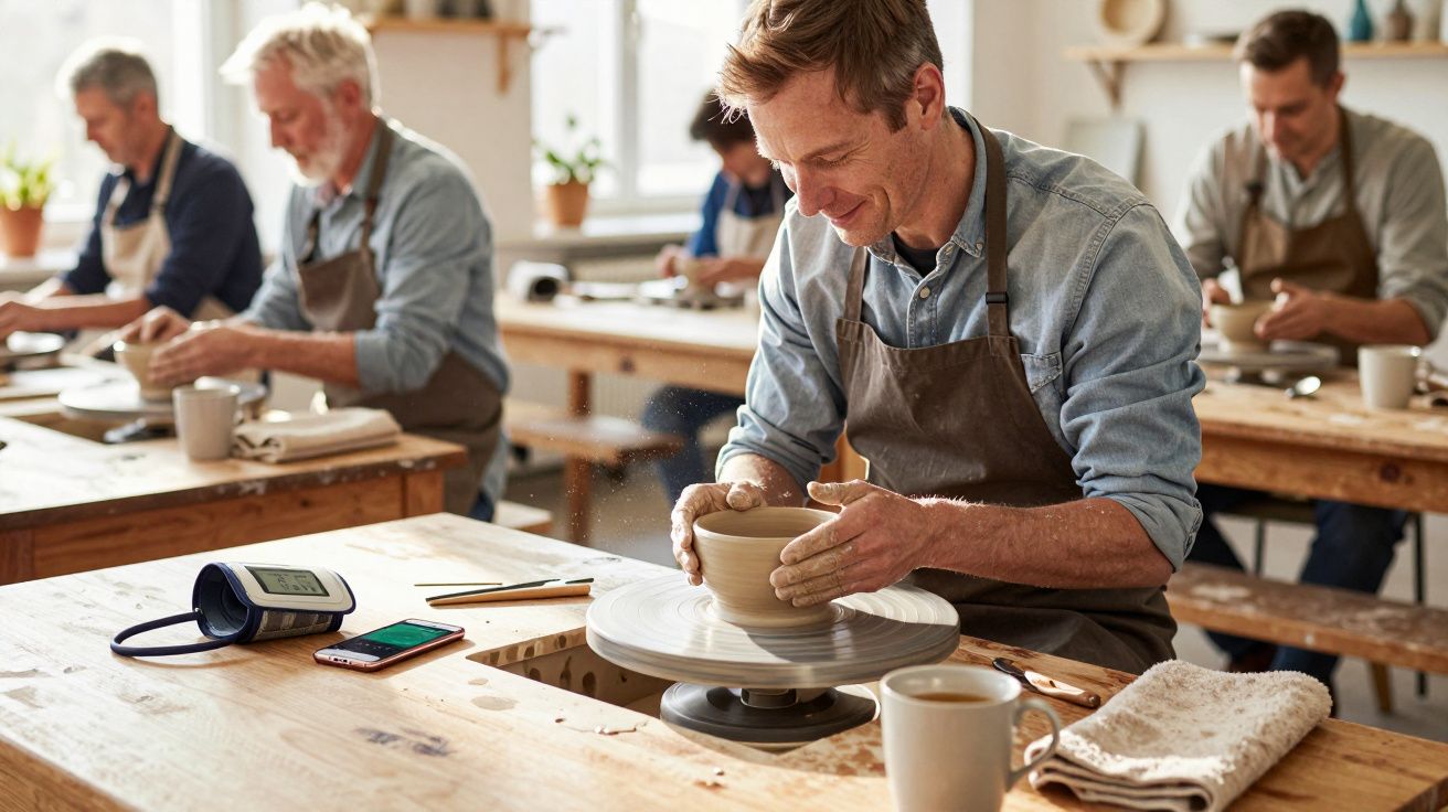 Homem fazendo cerâmica em atelier, rodeado por outras pessoas, com ferramentas e objetos de cerâmica sobre a mesa.