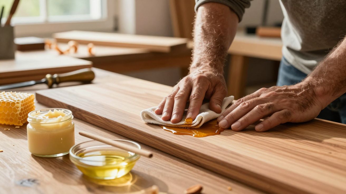 Homem encerando mesa de madeira com produto à base de cera e mel.