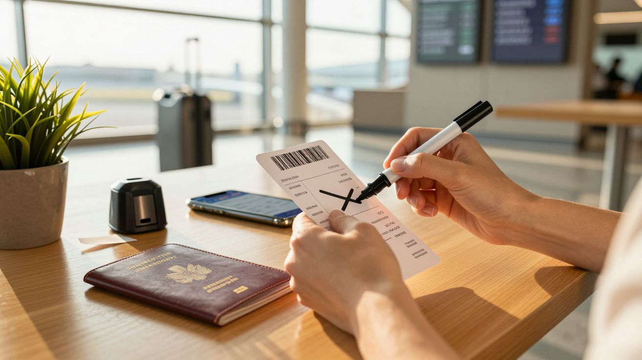 Mãos seguram cartão de embarque e caneta, com telemóvel e passaporte sobre mesa num aeroporto.