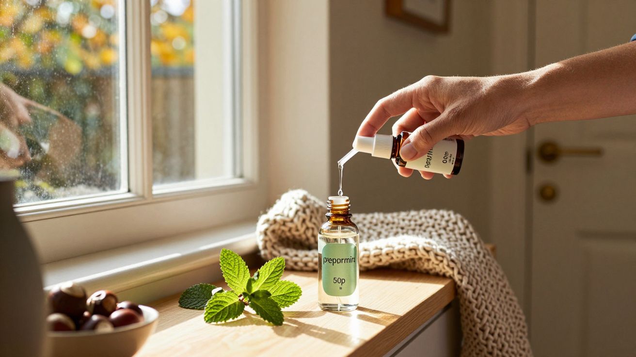 Mão a verter óleo de hortelã-pimenta numa garrafa, com folhas e luz do sol na janela.