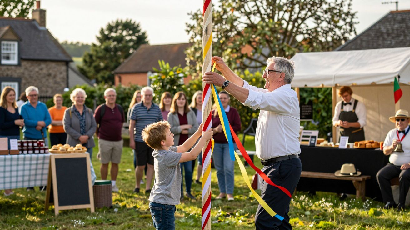 Homem e criança dançam à volta de um mastro com fitas coloridas, rodeados por pessoas num evento comunitário ao ar livre.