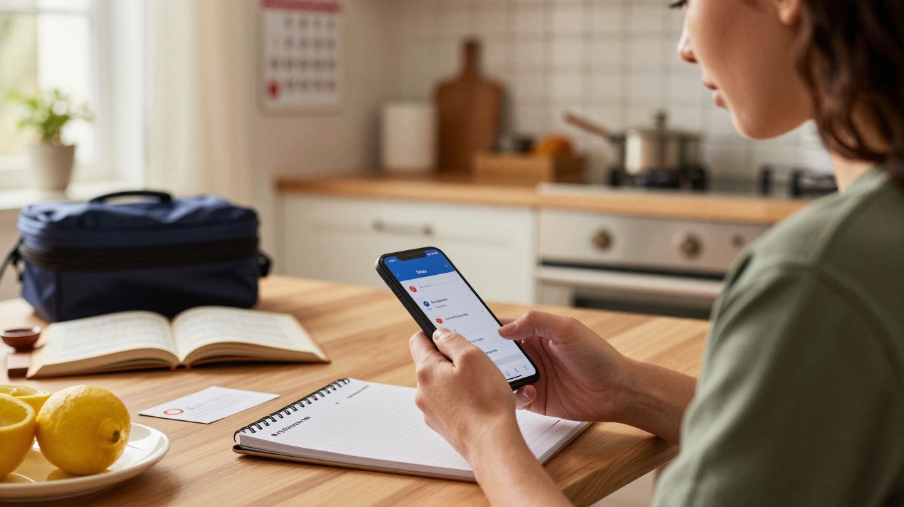Pessoa mexendo no telemóvel na cozinha, com caderno, limões e lancheira na mesa. Fogão e panela ao fundo.