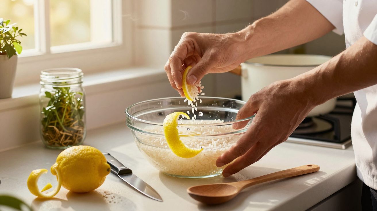 Mãos de cozinheiro adicionando raspas de limão a uma taça de arroz na cozinha, com limão e utensílios ao redor.