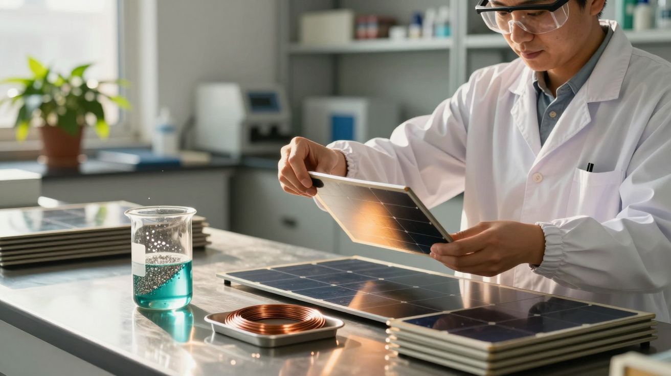 Cientista de laboratório analisa painel solar numa bancada, cercado por equipamentos e um copo com solução azul.