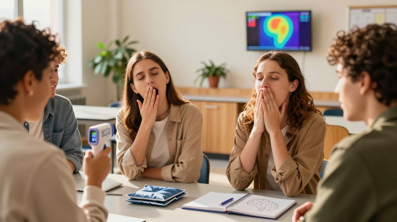 Grupo de estudantes com ar sonolento numa sala, com materiais de estudo e um gráfico colorido num ecrã ao fundo.