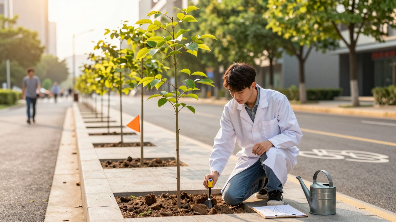 Jovem cientista examina árvore urbana durante o dia, usando um medidor, num passeio com árvores alinhadas.
