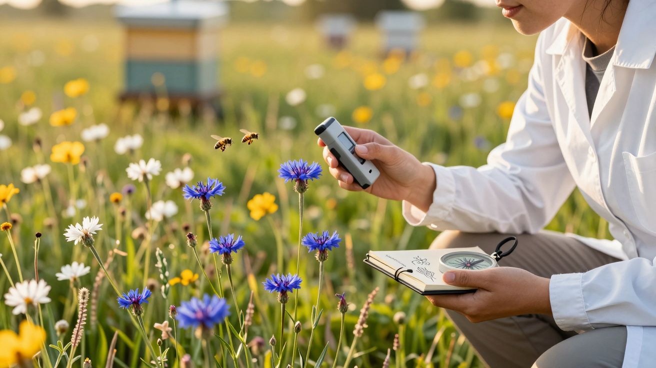 Investigador de bata branca observa abelhas e flores num prado, segurando dispositivo e caderno de notas.