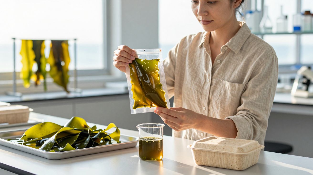 Mulher em laboratório analisa algas embaladas.
