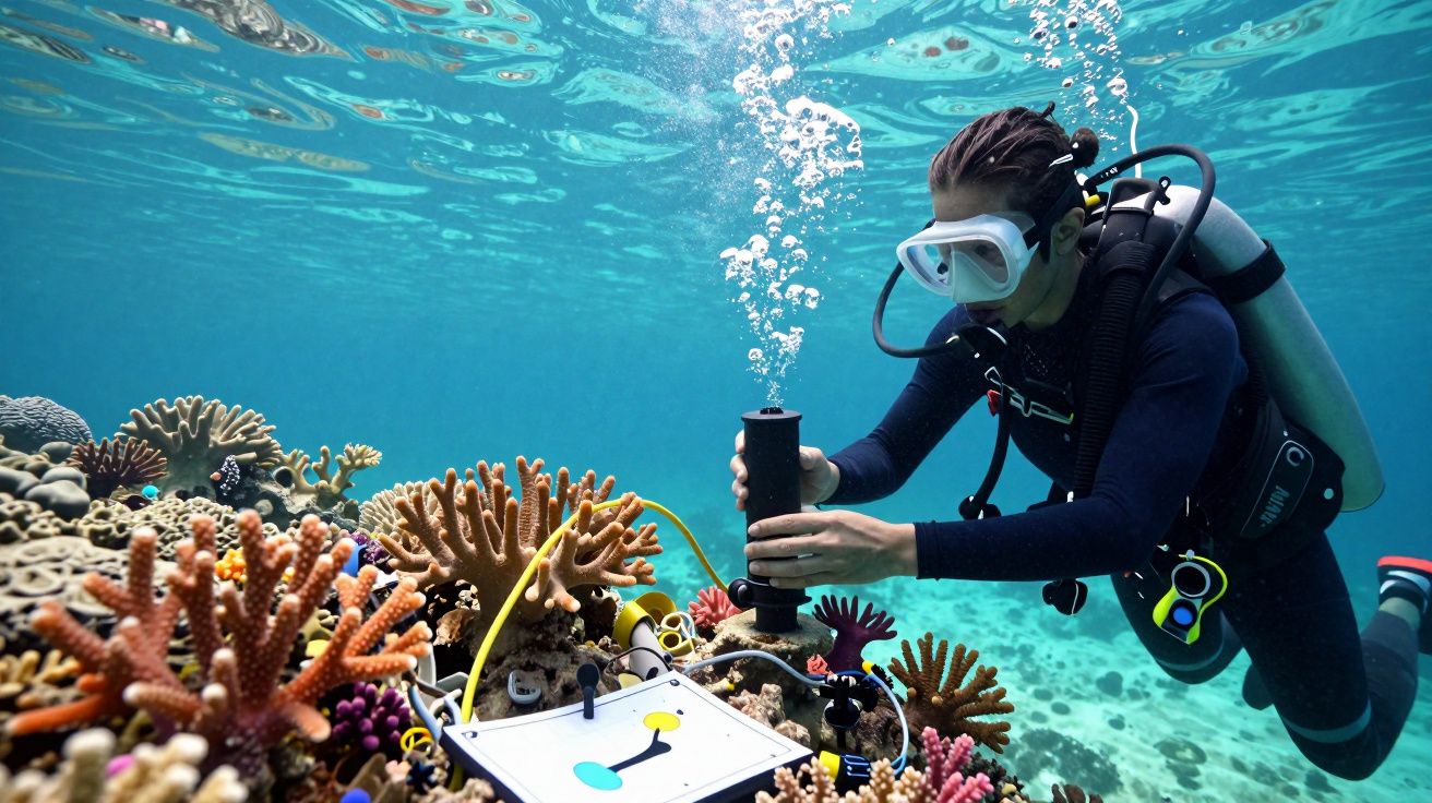 Mergulhador investiga corais coloridos no fundo do mar, usando equipamento de mergulho e instrumento de pesquisa.