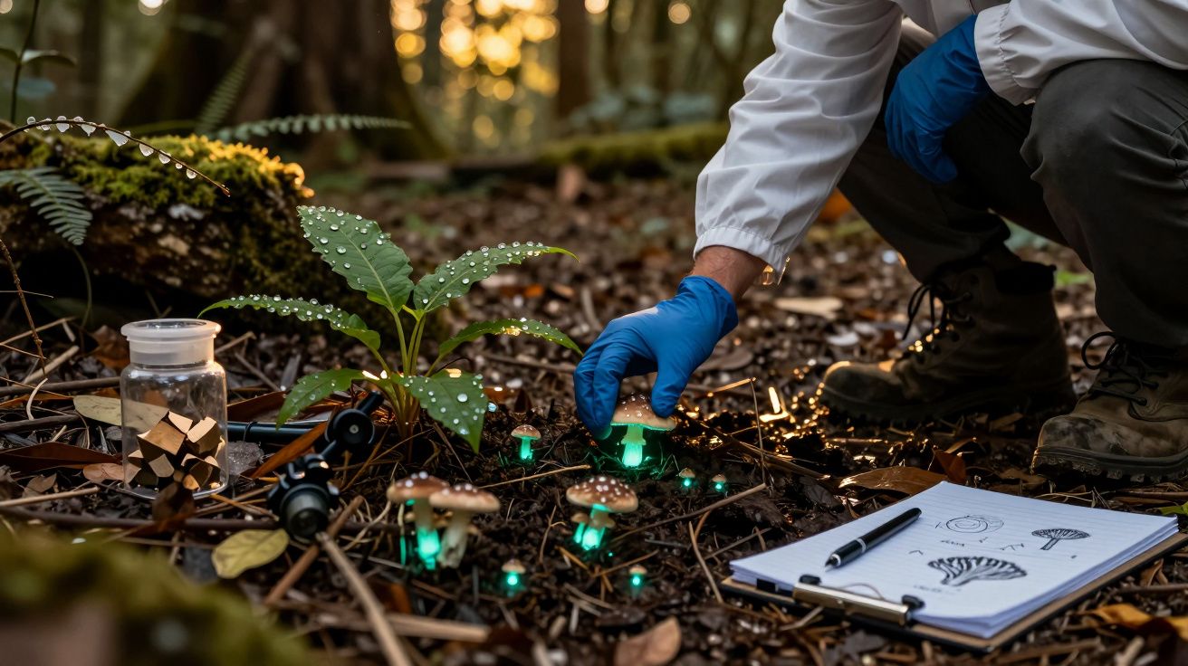 Investigador de luvas azuis estuda cogumelos bioluminescentes na floresta com caderno de anotações e instrumentos.