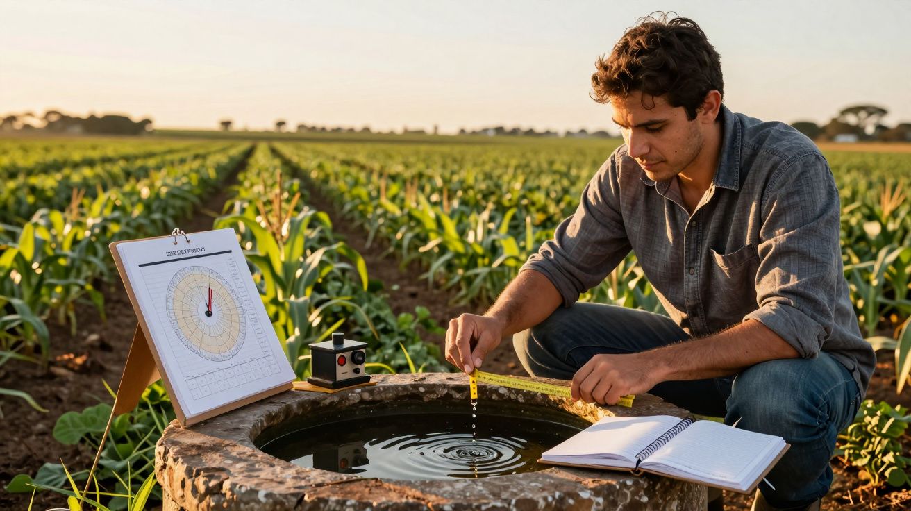 Homem analisa água em campo de cultivo, usando caderneta, medidor e tabela perto de uma plantação verde.