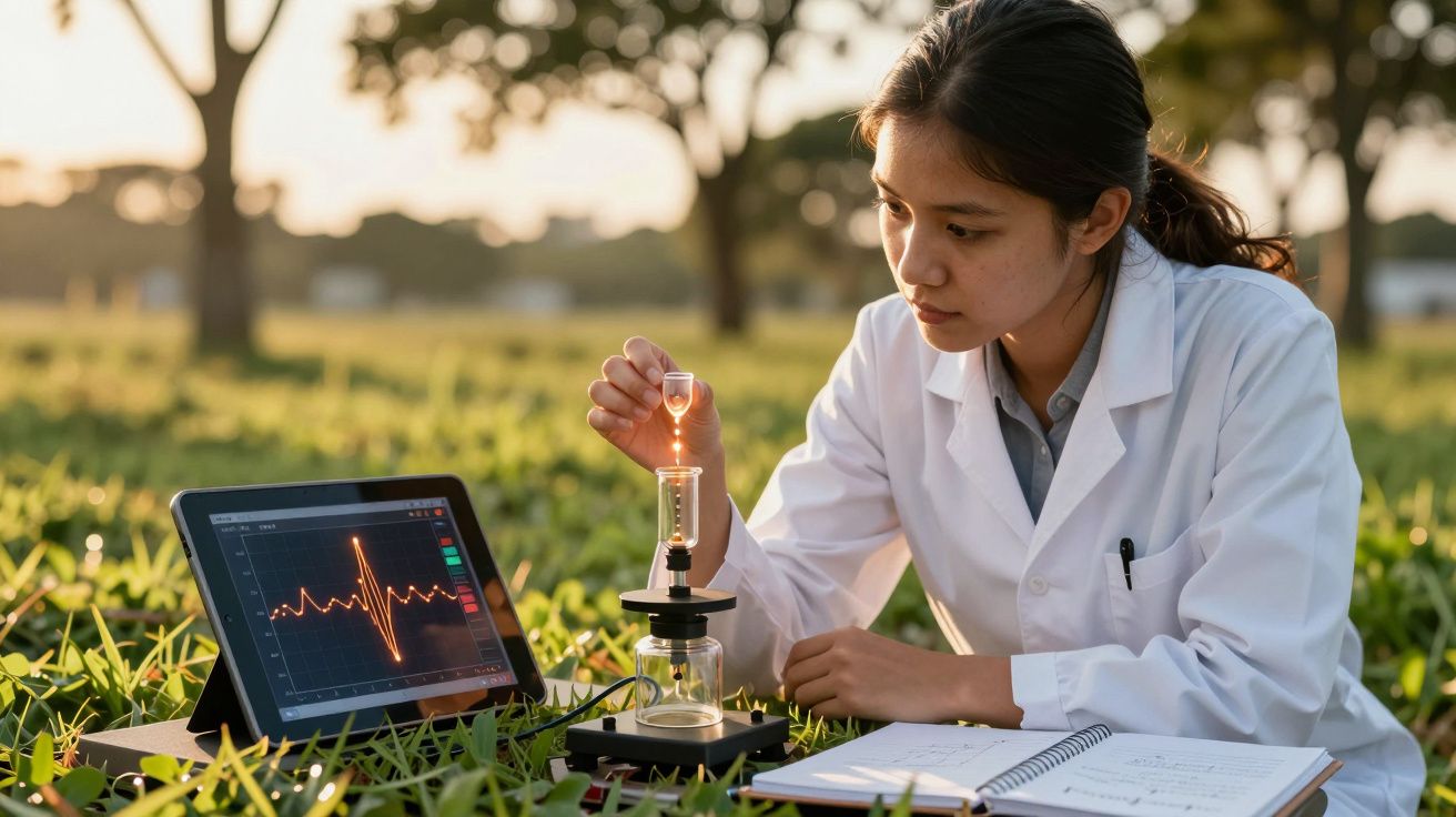 Cientista em campo, com computador e equipamento de laboratório, analisa dados ao pôr do sol.