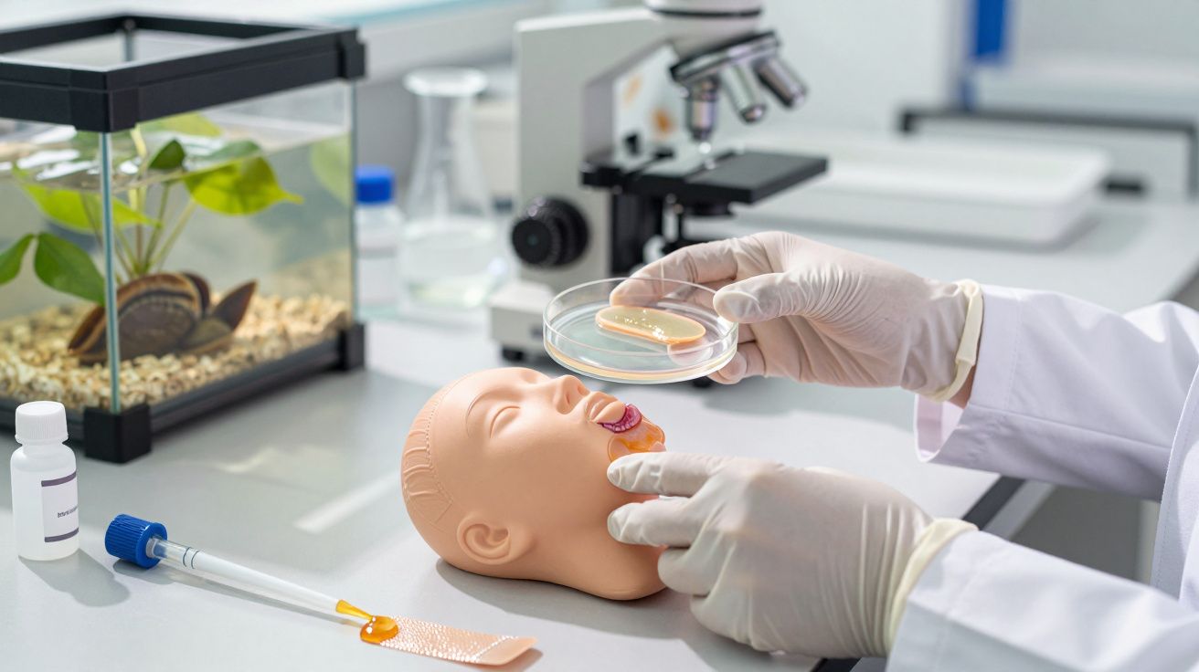 Mãos com luvas seguram placa de Petri sobre modelo de cabeça num laboratório com aquário e microscópio.