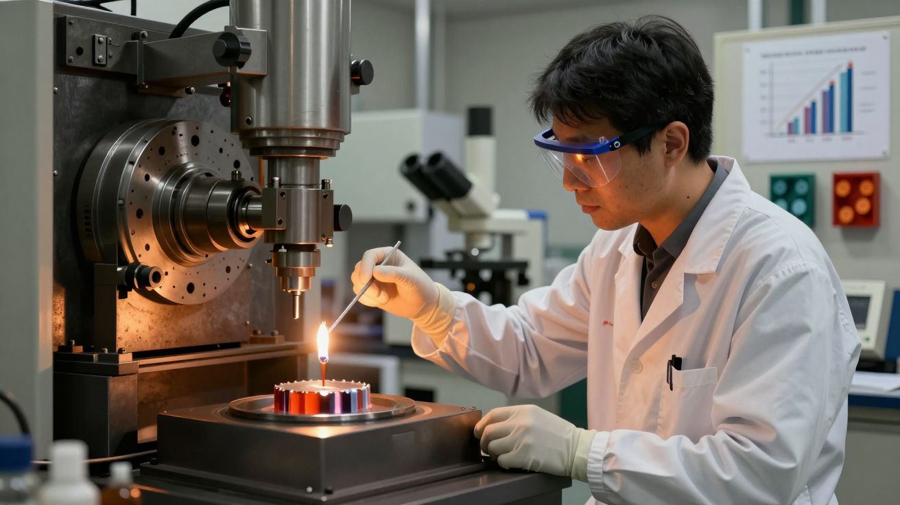 Cientista em laboratório usando equipamento de alta precisão, com chamas ajustando dispositivo, vestindo bata e óculos de pro