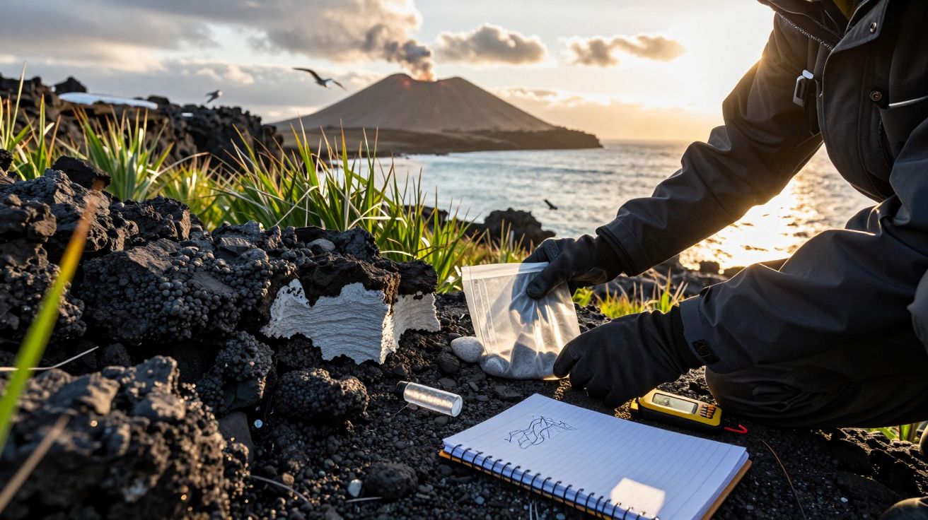 Pessoa coleciona amostras de rochas durante erupção vulcânica à beira-mar ao pôr do sol.