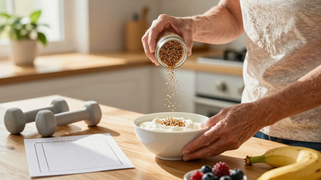 Pessoa a adicionar sementes a um iogurte numa cozinha ensolarada; halteres e frutos sobre a mesa.