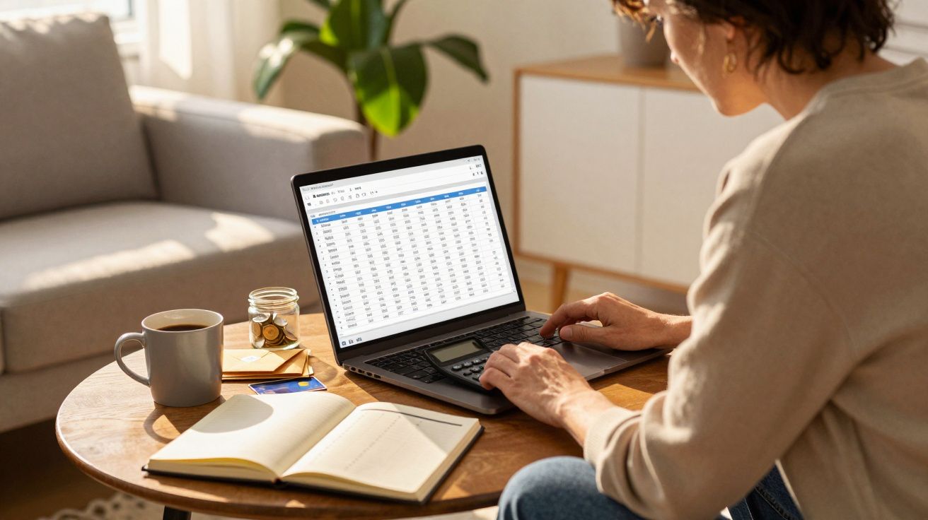 Mulher a trabalhar num portátil com folha de cálculo aberta, numa mesa com caderno, chávena e planta ao fundo.
