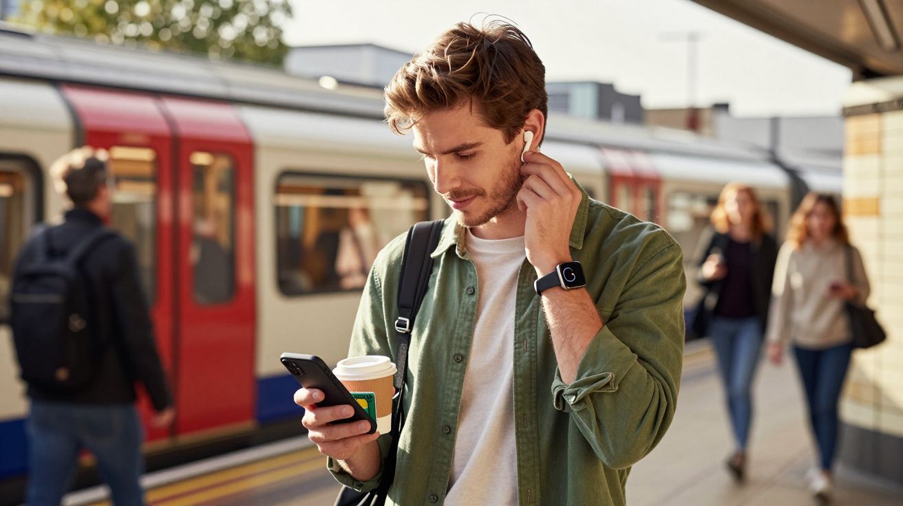 Homem na estação de metro, de casaco verde, segura café e telemóvel, usa auriculares; comboio ao fundo.