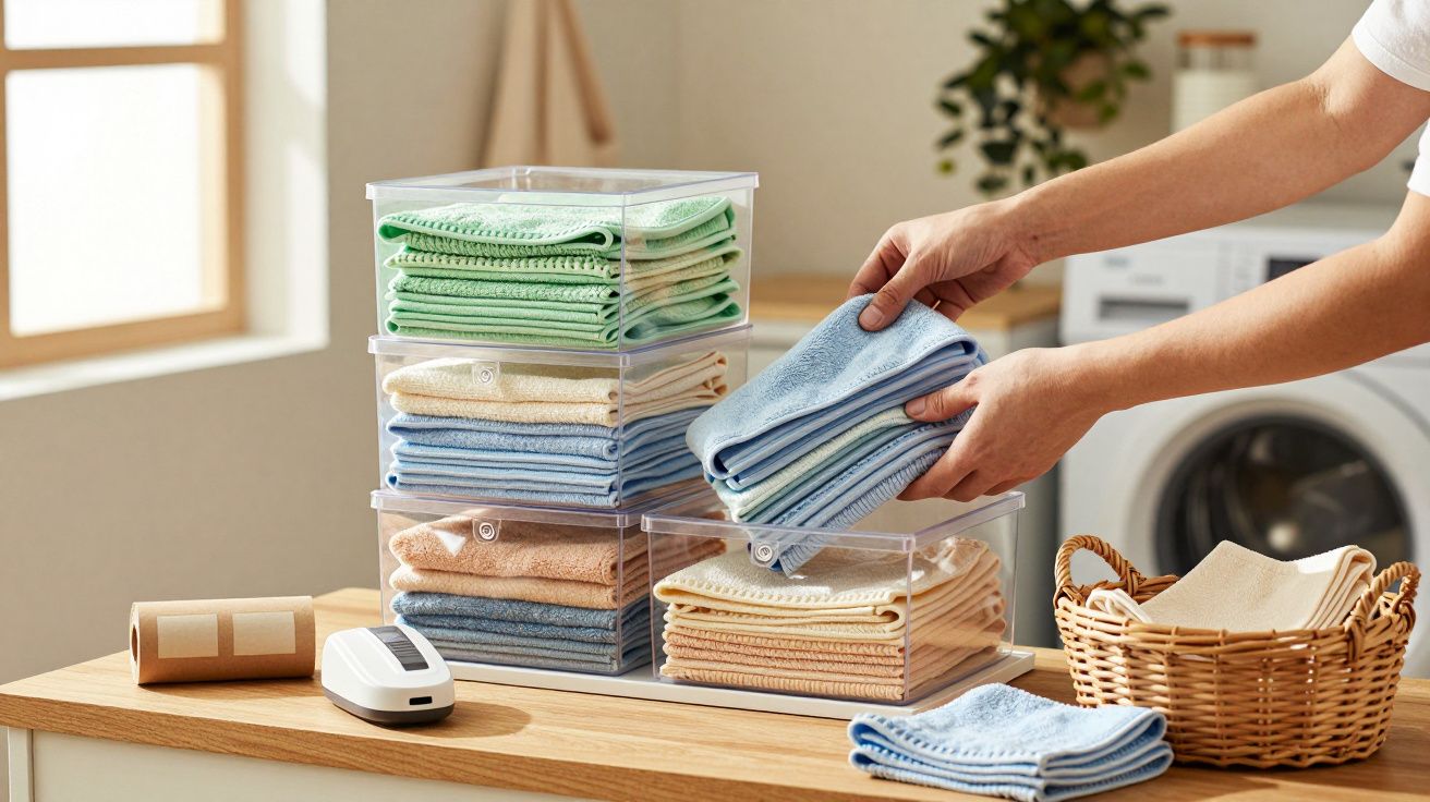 Pessoas organizando panos de várias cores em caixas transparentes, com cesto e máquina de lavar ao fundo.