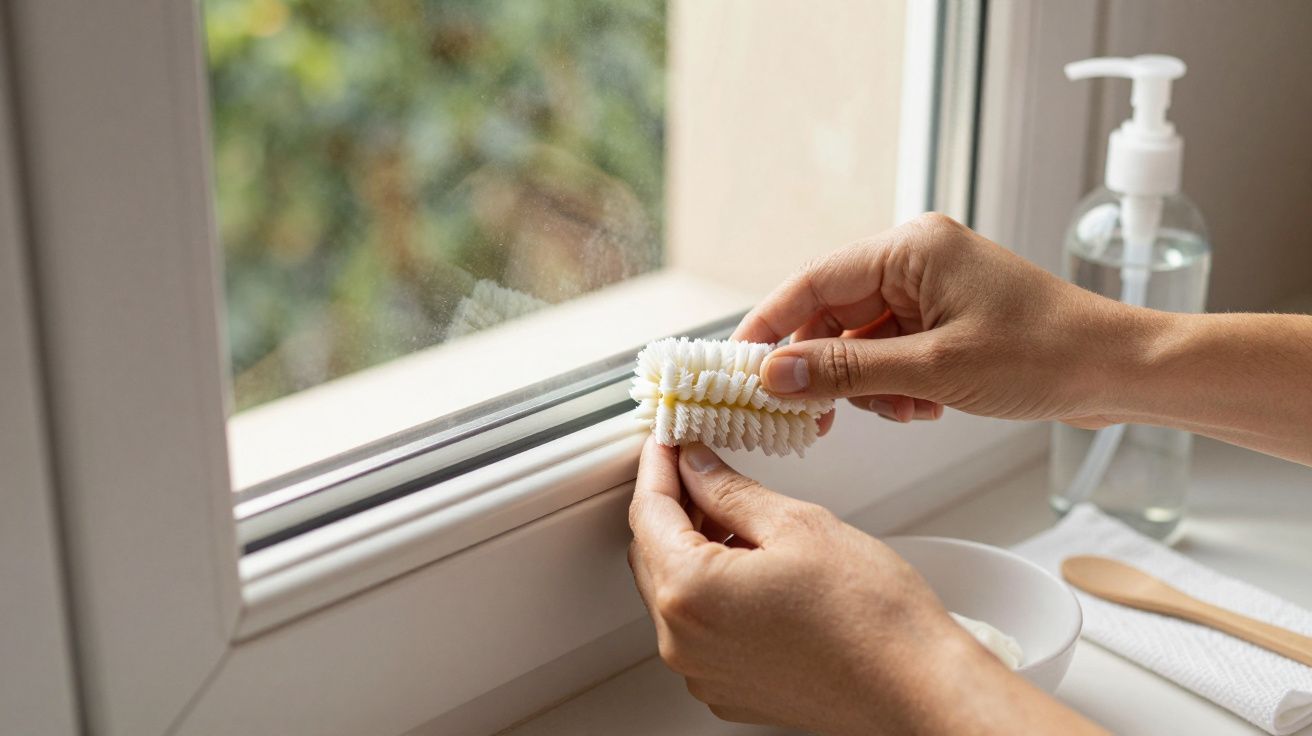 Mãos a limpar o trilho de uma janela com uma escova pequena. Ao lado, um frasco de sabão e um recipiente branco.