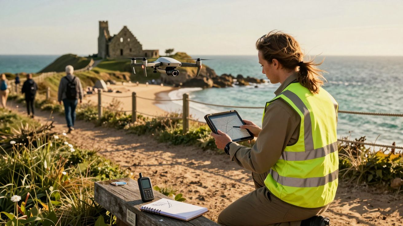 Homem em colete refletor opera drone com tablet numa praia, com ruínas e oceano ao fundo.